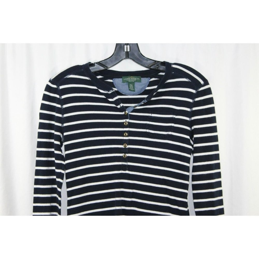 Lauren Ralph Lauren Womens Blue White Striped Cotton Long Sleeve Top PXS - Picture 2 of 5